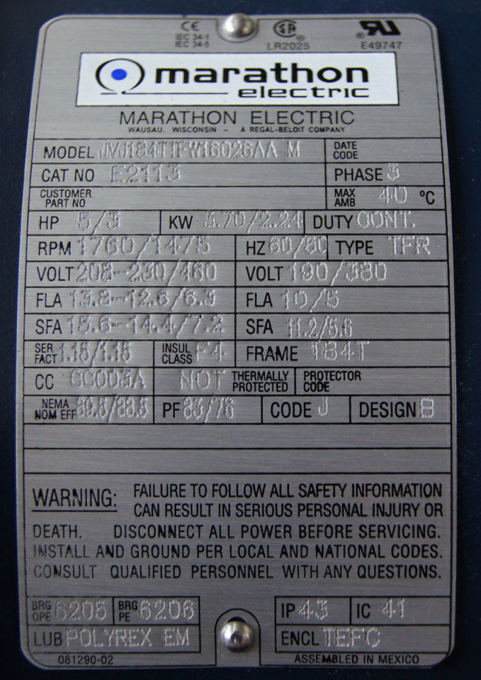 Marathon Electric Xri Motor 3 Phase 5hp 208 460v