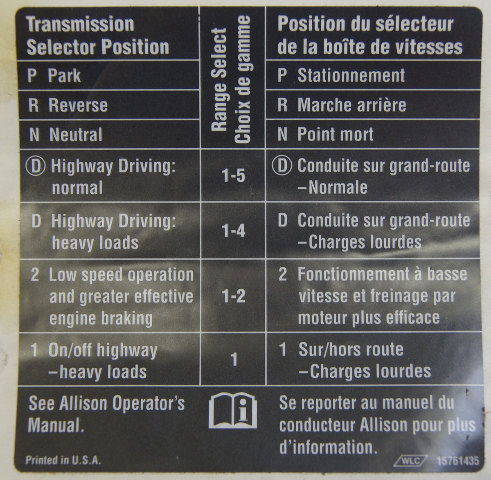 GM Trucks Allison Transmission Gear Select Label French & English New 15761435